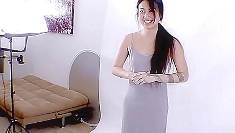 Asian is going to strip naked and get on her knees