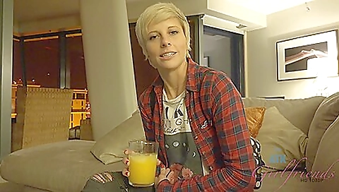 Amateur blonde milf with small tits plays with fingers