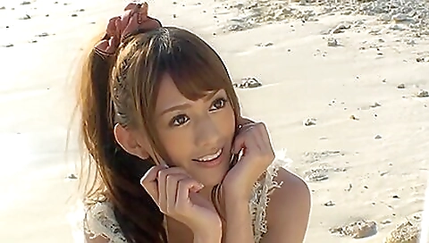 Gorgeous japanese girl with hairy pussy on the beach