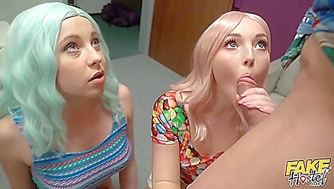 Blondie teen gets two cock deep throats and a creampie